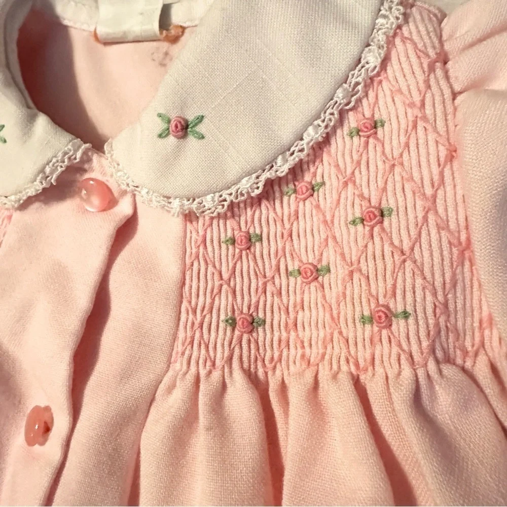 Vintage Pink Baby Girl Coat Dress 6-9M floral rose embroidered smocked unbranded